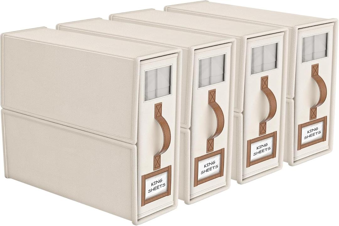 BigPonPon 4 Pack Foldable Bed Sheets Set Organizers and Storage(King & Queen Size), Linen Fabric Closet Organizers with Window, Folding Bedding Storage Box for Bedsheets and Pillow Cube Organizer-Beige