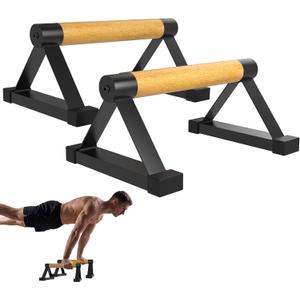 Wood Push Up Bar Set, 2PCS Non-Slip Handstand Bars, Parallettes Bars for Calisthenics and Push-Up Workouts, Solid Wood Grip with Metal Frame, Supports 550 LBS