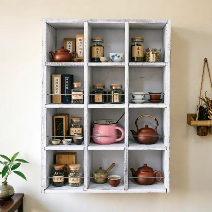 Coffee Mug Display Rack Wooden Display Shelves Cup Holder Teacup Display case Wood Hanging Shadow Box Shot Glasses Display Case with 12 Compartment (Old White)