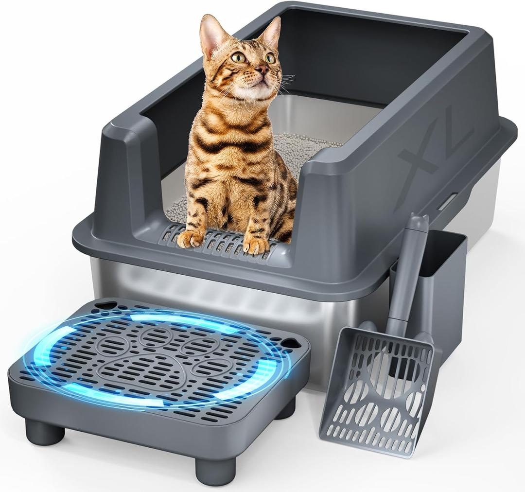Enclosed Stainless Steel Cat Litter Box with Lid, Extra XL Large Metal Litter Box with High Sided, Easy Clean, Odorless, Anti-Urine Leakage, Includes Scoop (Darkgray)