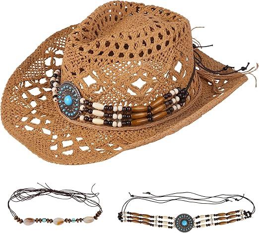 Men's Women's Straw Cowboy Hat Western Cowgirl Hat Shapeable Brim Beach Cowboy Hat Cowgirl Woven Sun Hat Two Decorative Bands (One Size-Medium, Combination B Camel)