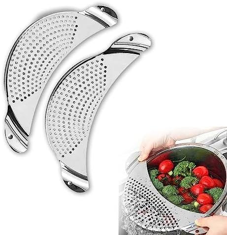 Pot Strainer Stainless Steel 2 Pack, Pasta Strainer, Metal Food Strainer for Noodles Fruit Veggies, Suitable for Pots or Containers Up to 10 Inches