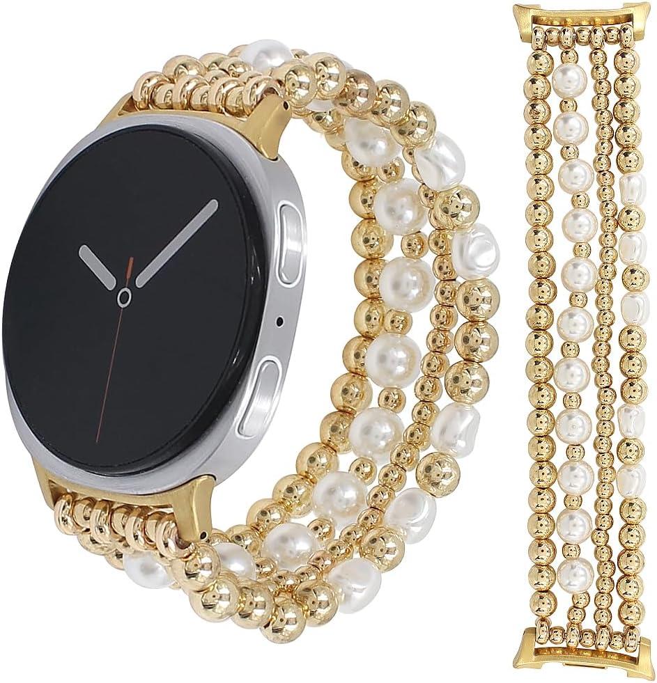 Dressy Elastic Beaded Bracelet Compatible with Samsung Galaxy Watch 8 Band 40mm 44mm/8 Classic 46mm Women,Stretch Fashion Cute Pearl Beads Wristband