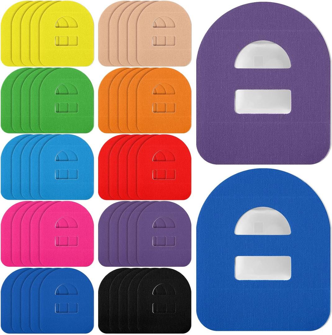 Nuanchu 50 Pieces Adhesive Patches Compatible with Omnipod 5 Shower Waterproof Pre-Cut Adhesive Overpatches with Strap Sweatproof Tape Continuous Glucose Monitor Protection(Colorful)