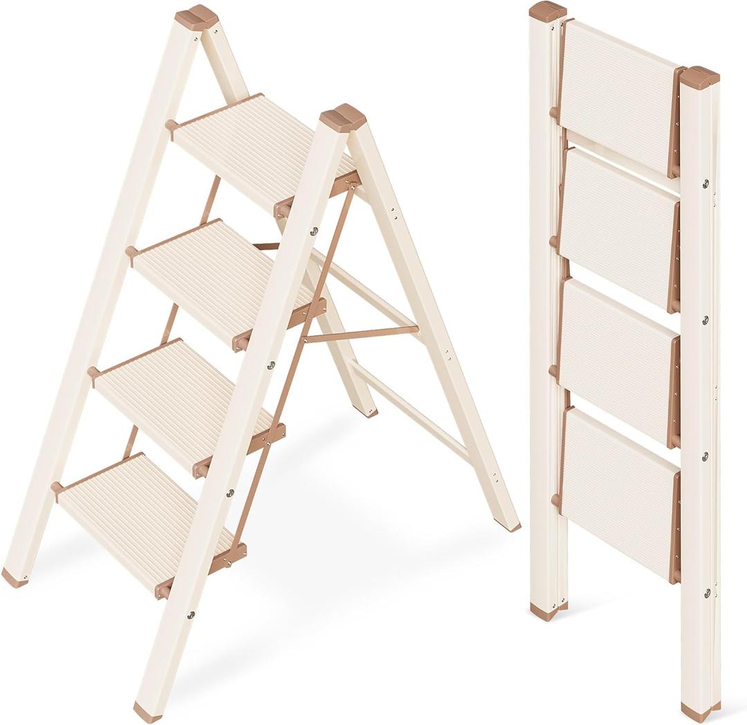 GameGem 4 Step Ladder, Aluminum Folding Step Stool with Anti-Slip Sturdy and Wide Pedal, Lightweight Portable Stepladder for Home and Kitchen Use Space Saving, 330 lbs, Chocolate White