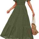 ZESICA Women's 2025 Summer Short Sleeve Maxi Dress Casual V Neck Hollow Out Eyelet Ruffle Swing A Line Long Dresses, Army Green, X-Large