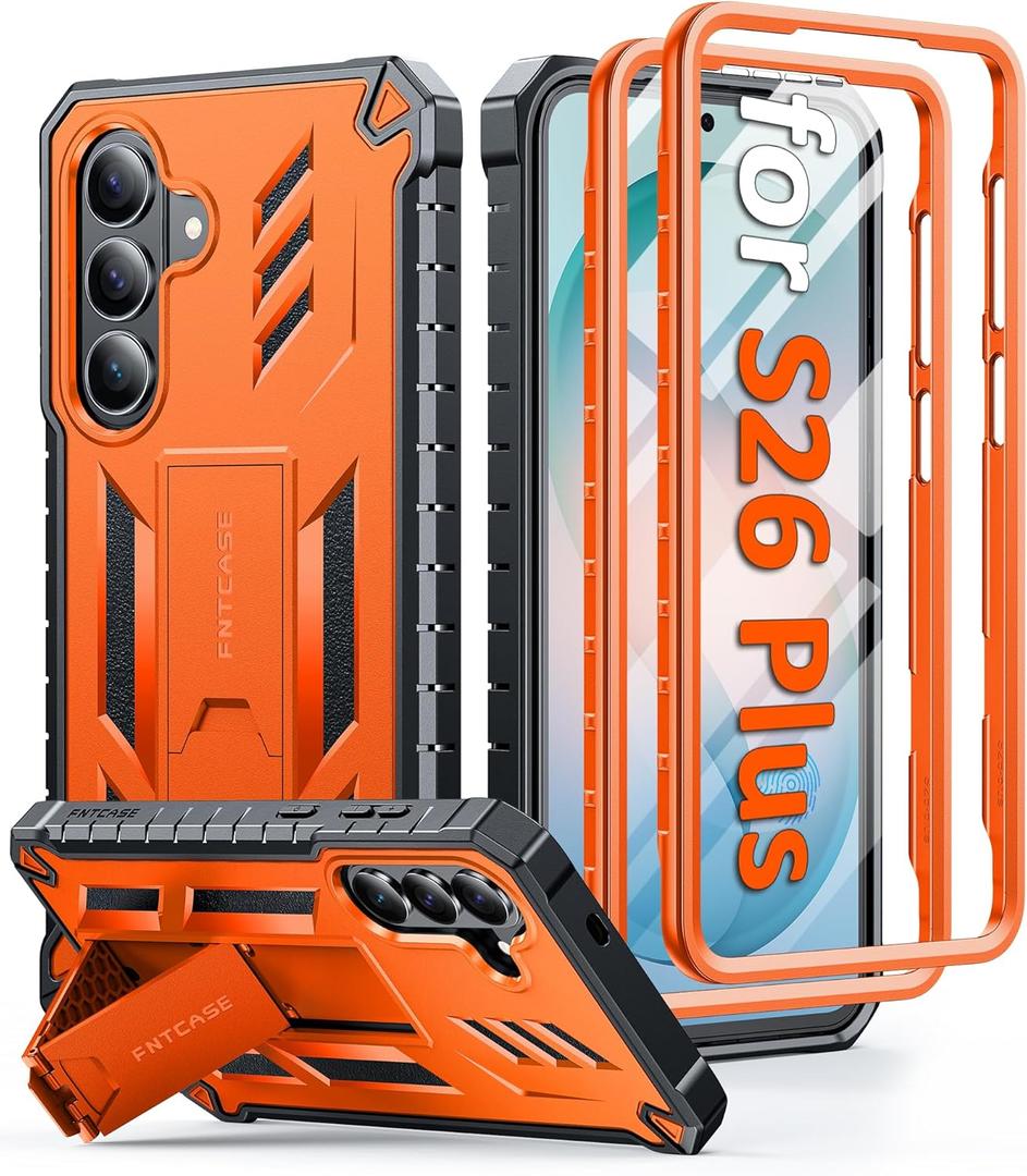 FNTCASE for Samsung Galaxy S26+ Plus Case: with Kickstand | 2 Front Frames | Built-in Screen Protector Military Grade Drop Proof Protection Rugged Protective Phone Case for S26 Plus 6.7 Inch Orange