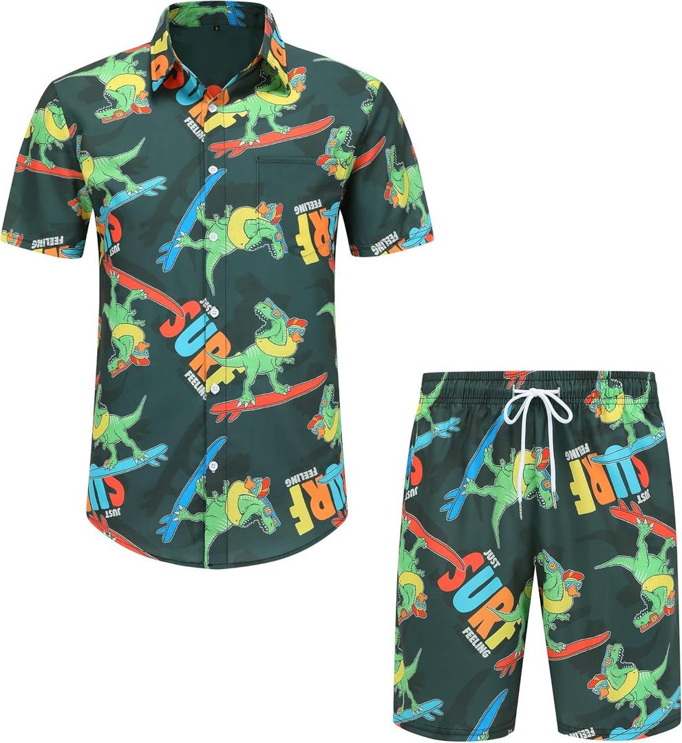 Men's Hawaiian Shirts and Shorts Set 2 Pieces Summer Beach Vacation Casual Button Down Short Sleeve Shirts Outfits (Black)