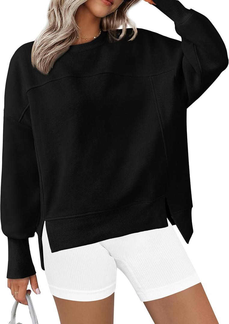 BTFBM Women's Casual Crewneck Sweatshirts 2026 Spring Long Sleeve Side Slit Workout Fleece Pullover Top Fashion Clothing, Small