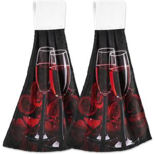 visesunny Valentines Red Wine Rose Hanging Tie Towels 2 Pack Kitchen Hand Towels Dishcloths Sets with Loop Soft Cotton Absorbent Hand Towels for Bathroom Gym Restaurant Hotel BBQ Machine Washable (Multi36)