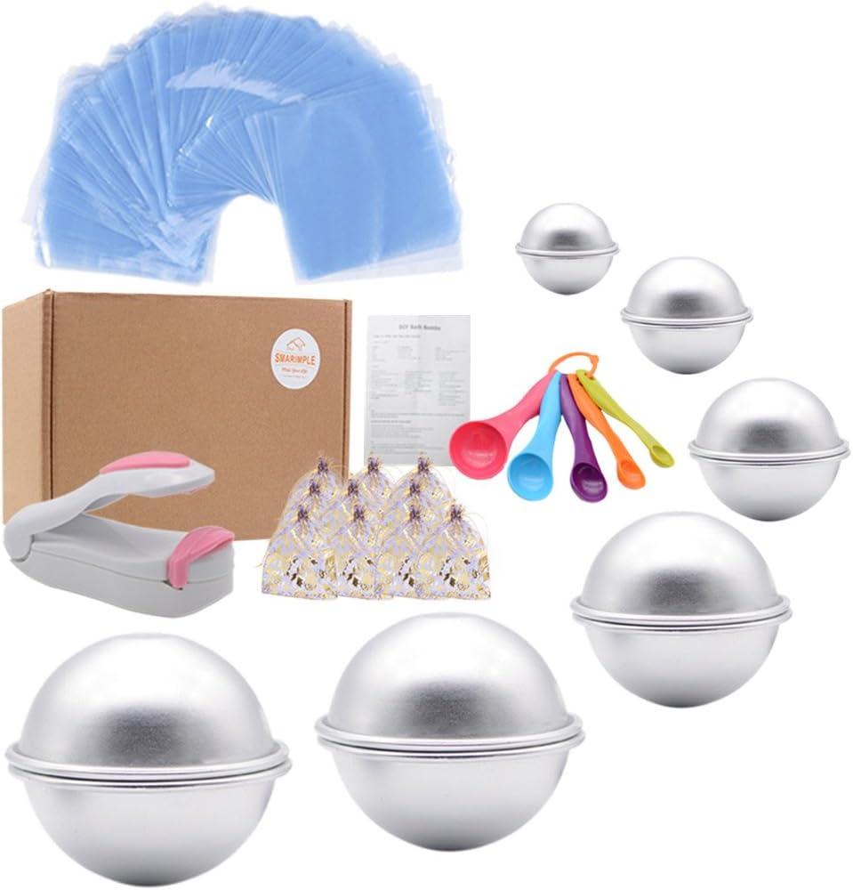Bath Bomb Mold Set 228 Pieces - 200 Packs Shrink Wrap Bags,12 Pieces of DIY Metal Mould,Spoons,Gift Bags,Mini Heat Sealer (Instruction Included)