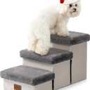 Dog Stair for Small Dogs with Storage, Foldable Pet Step with Soft Cover, Older Cat Ramp for Chair Couch Sofa, Lightweight, Durable, Comfort, 24.8x13x13.6 inch, 3 Tiers, Grey
