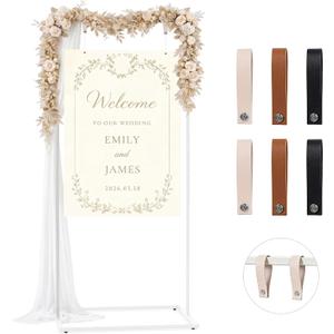Wedding Welcome Sign Stand, 67" Tall Height - White Metal Sign Holder with 6 Leather Straps, Easel Stand for Seating Charts & Event Dcor