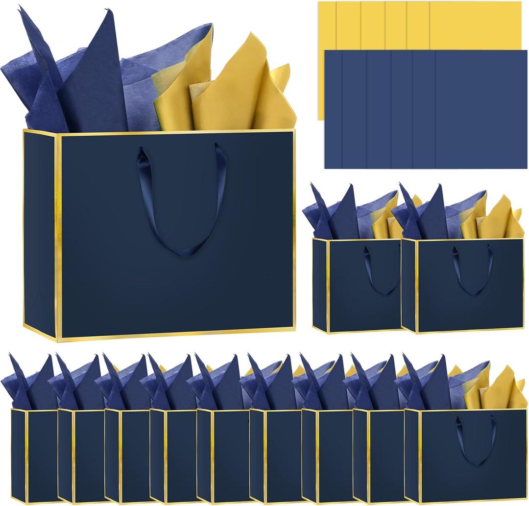 Epoesch 12 Pack Navy Blue Gift Bags with Handles  Includes 24 Tissue Paper  11.8"x10"x4"  Elegant 5 Senses Gift Bags for Wedding, Bridesmaids, Groomsmen, Guests, Valentine's Day, Easter (Navy Blue, Gold)