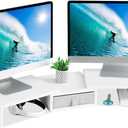 TEAMIX White Dual Monitor Stand Riser with Drawer - Length and Angle Adjustable Double Corner Desk Shelf Organizer 37 inch Long for 2 Laptop/PC/Screen/TV
