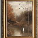 Vintage Gold Framed Halloween Wall Art Cute Ghost in Wildflower Lake Canvas Painting Moody Ghost Posters Pictures Spooky Fall Decor for Living Room Bedroom Bathroom, Gothic Home Aesthetic 9x12