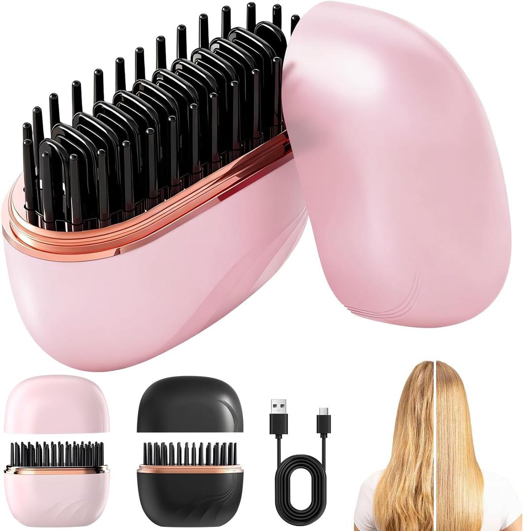 Mini Hair Straightener, Cordless&Rechargeable Portable Hair Straightener Brush with 3 Temperature Setting, Fast Heating Hot Comb&Anti-Scald Shell Plates,Mini Straightener Brush for Home Travel Gift (Pink)