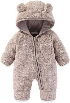 AiWMGL Newborn Baby Bear Outfit With Fold-Over Mittens and Footies Girls Boys Winter Fleece Clothes Hooded Romper Snowsuit, 12-18 month