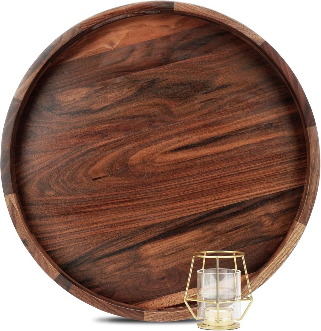 18 Inches Extra Large Round Black Walnut Wood Ottoman Tray with Handles, Serve Tea, Coffee or Breakfast in Bed, Classic Circular Wooden Decorative Serving Tray