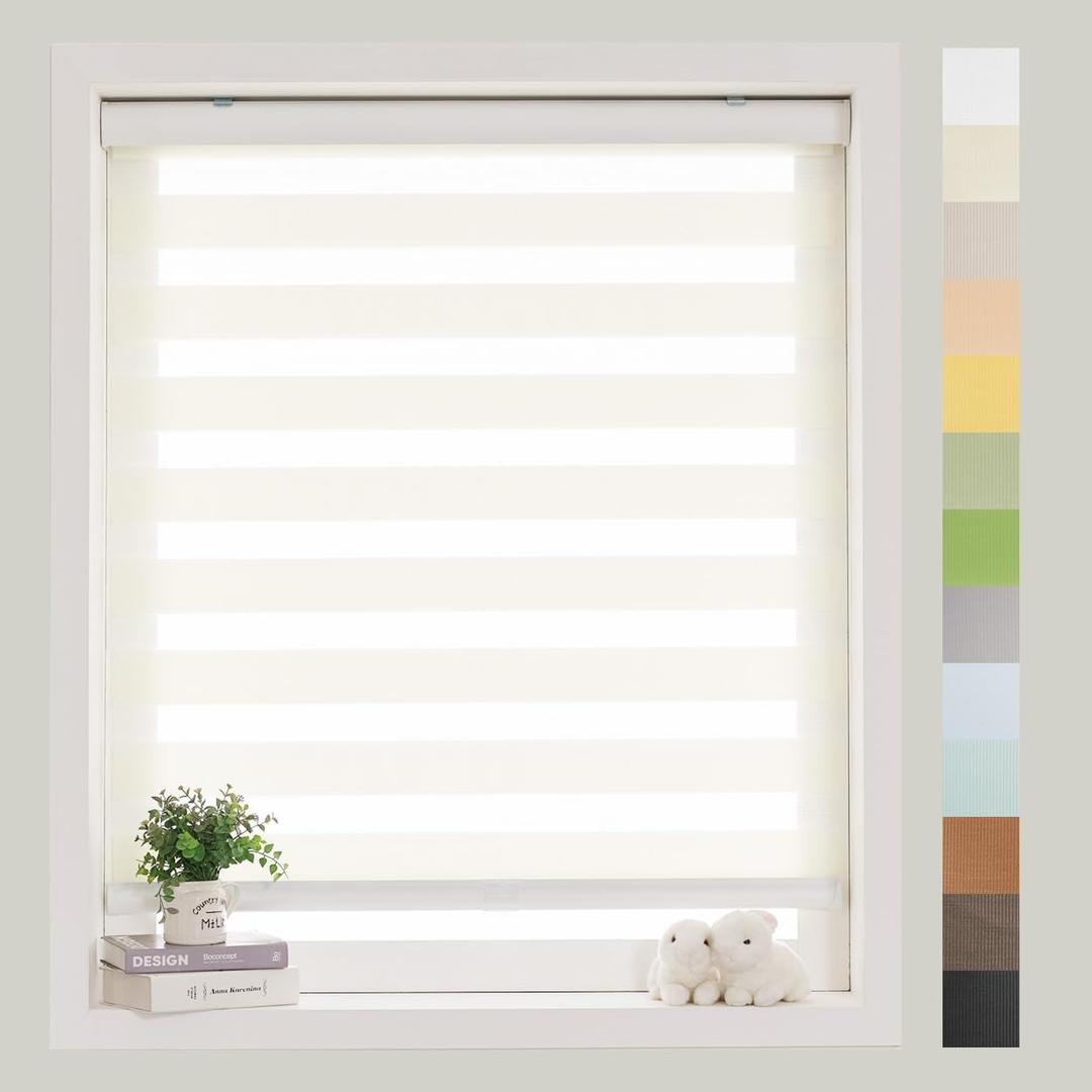 Foiresoft Standard Custom Zebra Horizontal Blind  Day and Night Dual Layer Sheer 13colors Light Filtering Window Roller Shades, 20 to 84 inch Wide (02.ivory-readymade)