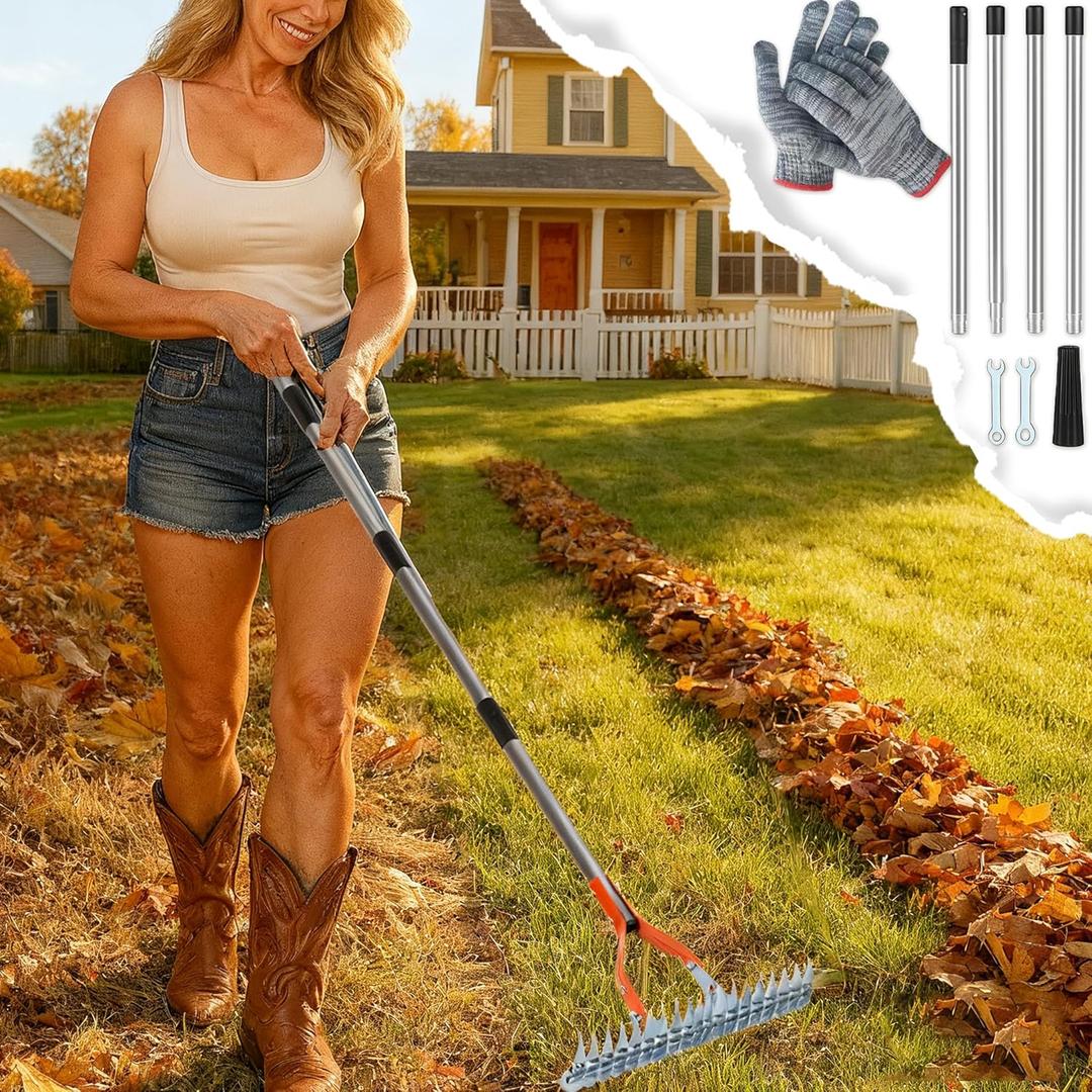 Thatch Rake for Lawns, Heavy Duty Dethatcher Rake with Adjustable Long Handle, Stainless Steel Manual Scarifier & Dead Grass Remover Tool, Versatile Lawn Rake for Garden Yard Cleaning & Loosening Soil