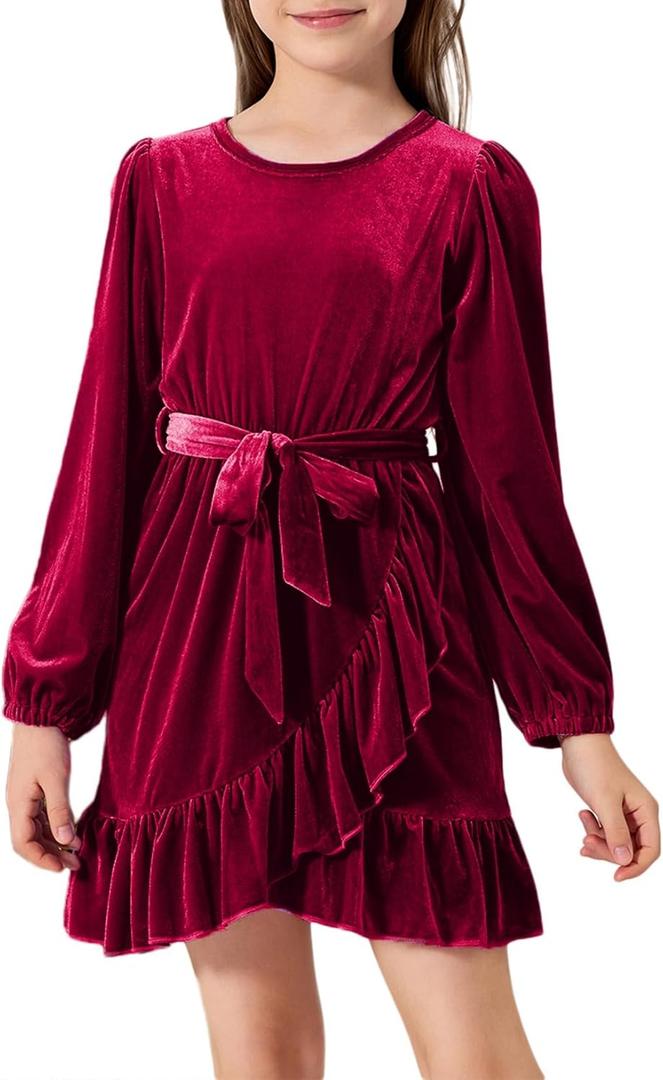 Blibean Tween Girls Velvet Fall Dresses Teen Kids Long Sleeve Velour Outfits Semi Formal Flannel Casual Party Clothes, Size 10-11 Years, Old Pink