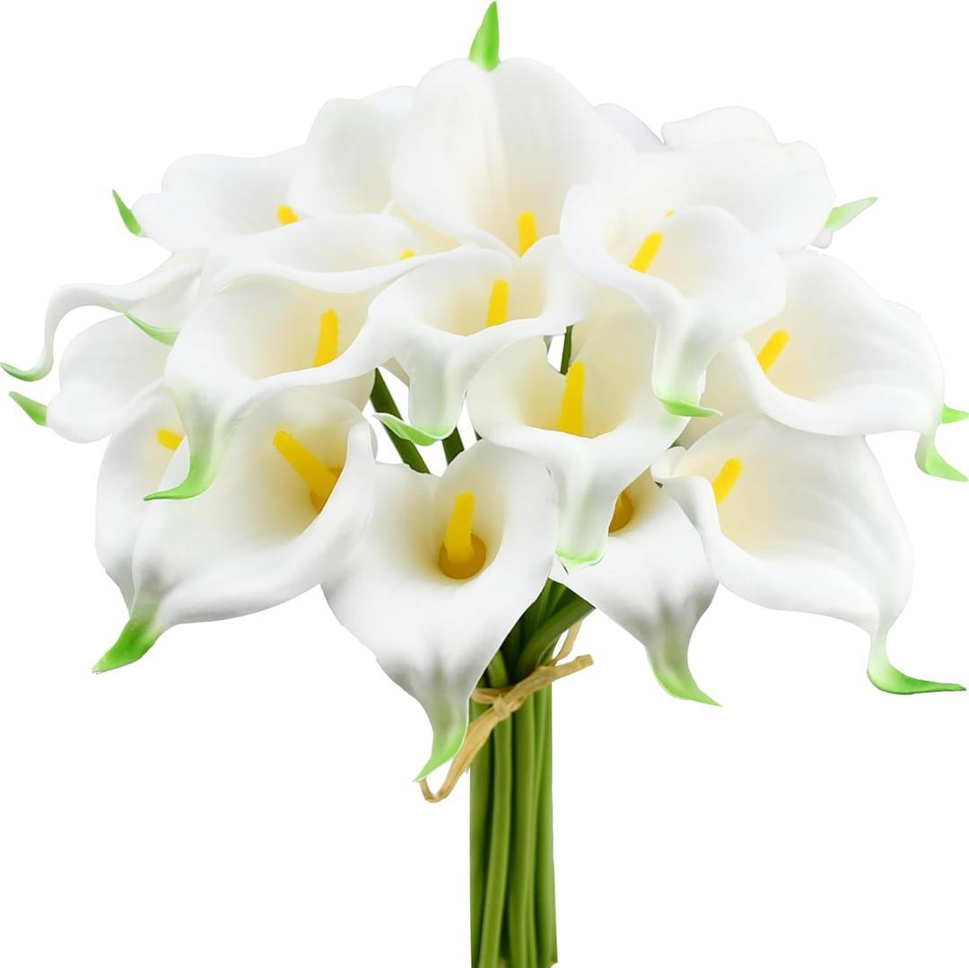 Mandy's PU White Calla Lily Artificial Flowers 20 Stems 13.5in Faux Realistic Centerpiece DIY Bridal Bouquet Home Dcor