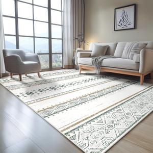 BESTSWEETIE 4x6 Area Rugs for Living Room Washable Moroccan Farmhouse Neutral Geometric Low Pile Non-Slip Soft Print Pattern Rug for Bedroom Kitchen Dining Room Entryway Green/Brown