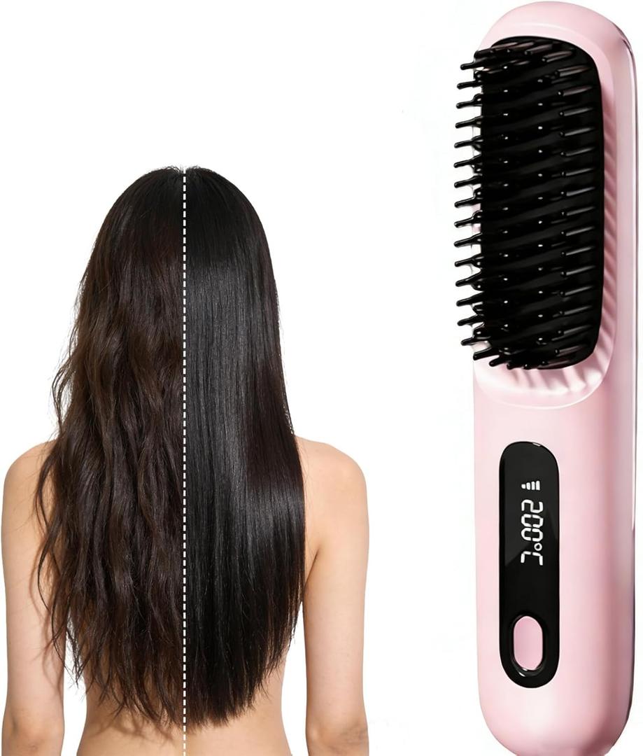 2026 New Go Brush Pro for Short Hair, Portable Straightener Brushs for Travel, with LCD Temperature DisplayFast Heating Cordless Styling Tools (Pink)