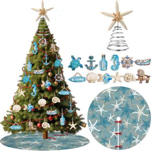 Chunful 26 Pcs Christmas Beach Decorations Wooden Beach Ocean Christmas Ornaments Resin Starfish Tree Topper 35.5 Inch Starfish Xmas Tree Skirt for Party Holiday Crafts Home