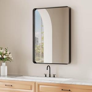 Koonmi Black Bathroom Mirror for Wall, 24x32Inch Matte Metal Deep Framed Rounded Corner Wall Mirror, Shatterproof Tempered Glass for Farmhouse Bedroom Entryway, Vertically or Horizontally