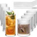 INSETLAN Set of 8 Vintage Glassware - 4 Highball Glasses 12 oz, 4 Rocks Glass Cups 14 oz, Ribbed Glassware Cocktail Glasses, Ideal for Wine, Juice, Water, Ice Coffee Cup, Whiskey, Mixed Drinkware