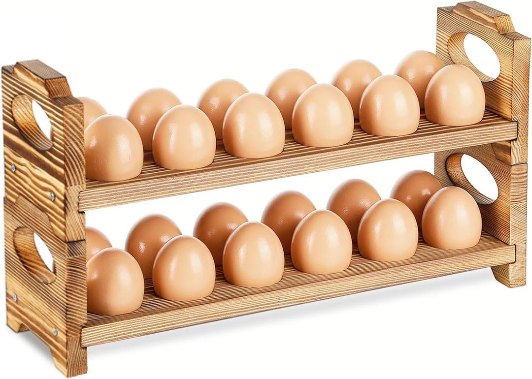 Wooden Egg Holder Countertop, Stackable Wooden Egg Storage & Organizer, 2-Tier /24-Hole Farmhouse Eggs Rack Wood with Handle for Fresh Eggs to Store Chicken/Duck/Quail/Turkey/Easter Egg
