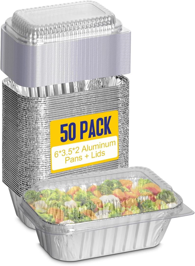 Small Aluminum Pans with Lids, 50 Pack Disposable Aluminum Loaf Pans 6x3.5x2 Inch, Thick Foil Pans Cookware for Baking Cakes, Bread, Meatloaf, Mini