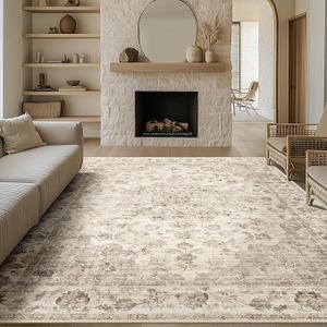 8x10 Beige Plaid Living Area Rug Washable, Non Slip, Soft Low Pile, Vintage Farmhouse, Large, for Living Room Bedroom Dining Room Office Indoor Home Decor