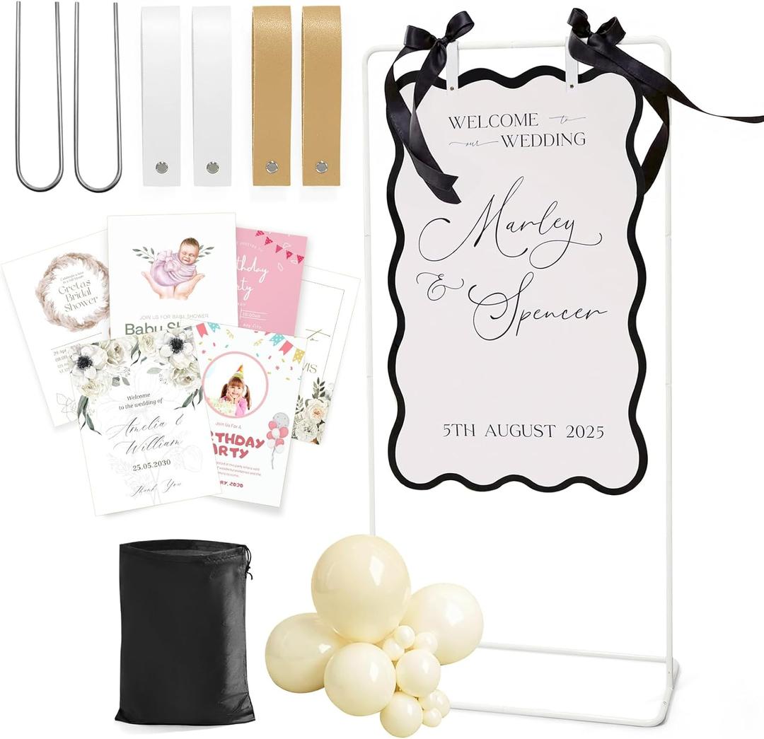 Wedding Welcome Sign Stand, Welcome to our Wedding Sign Holder, White Easel Stand for Sign Poster With Design Bundle & Ground Stakes & Leather Sign Hanging Straps, Linen Sign Stand for Wedding Decor