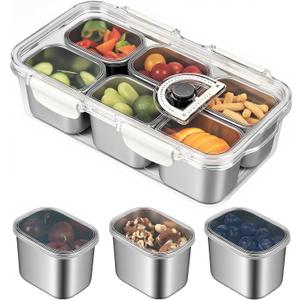 Snackle Box Container, Stainless Steel Portable Snack Containers with Lids, 6 Compartment Divided Serving Tray, Clear Storage Organizer for Fruit Candy Nuts, Veggie, Perfect for Road Travel, Party