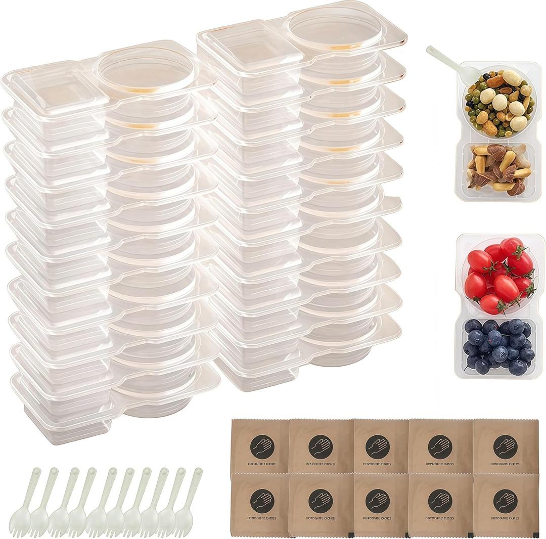 2 x 20 Set Reusable snack Containers, 2 compartment snack containers, portable salad yogurtcerealdressing food boxes and Portion Control for Refrigeration Sauce,Outdoor Takeaway,Travel