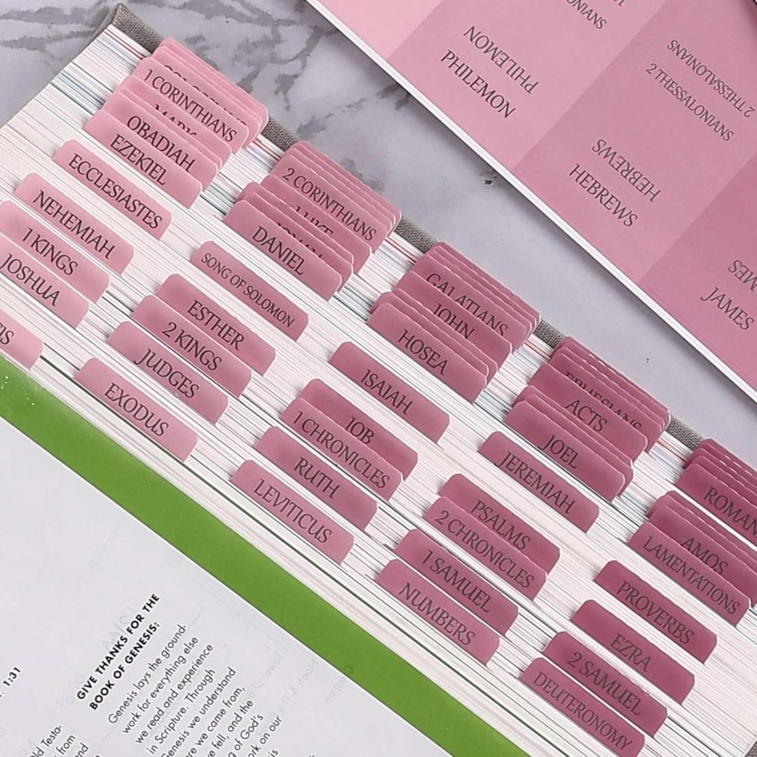Thinkor Reposition Laminated Bible Tabs, Large Print Pink Stickers, Easy to Read & Apply Bible Tabs for Women and Man