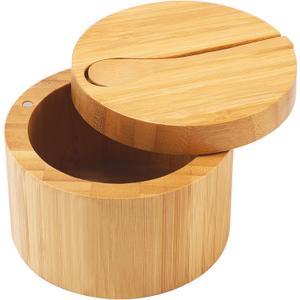 HTB Bamboo Salt Cellar with Mini Spoon, Kitchen Salt Box with Swivel Magnetic Closure Lid, Round Salt Container to Storage Pepper Spice Bath Salt Sea Salt (1PCS)