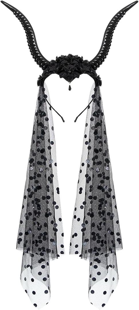 Halloween Gothic Devil Antelope Sheep Horn Headband Flower Crown with Black Mesh Veil Hair Hoop Cosplay Costume Proms Party Headwear