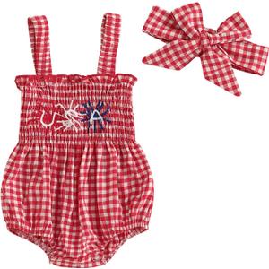 Kuriozud Valentines Day Outfit Baby Girl Bubble Romper Spaghetti Strap Onesie My First/1st Valentines Day Clothes Clothing (3-6 Months, Red Usa)