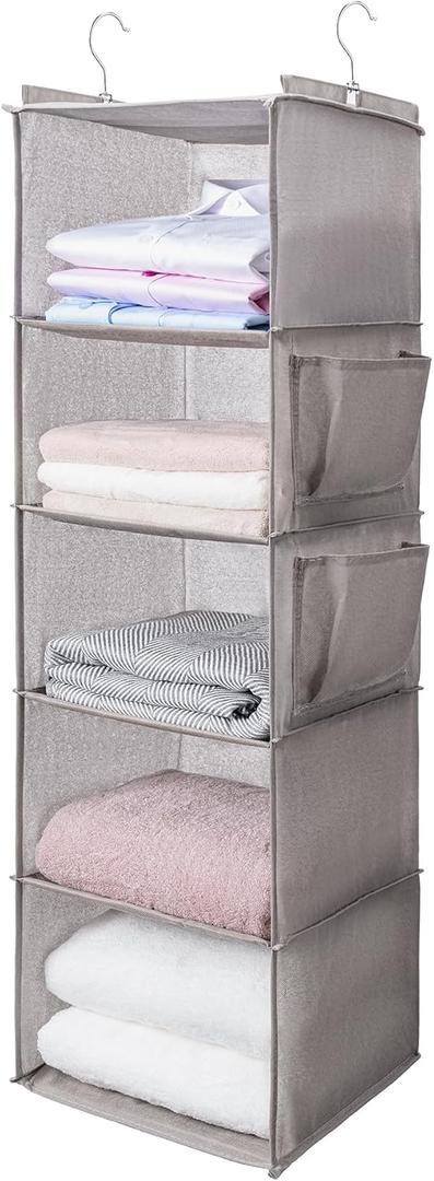 BOOMIBOO Hanging Closet Organize and Shelves, 5-Hanging Shelf with 2 Side Pockets, Storage Foldable (Light Grey）