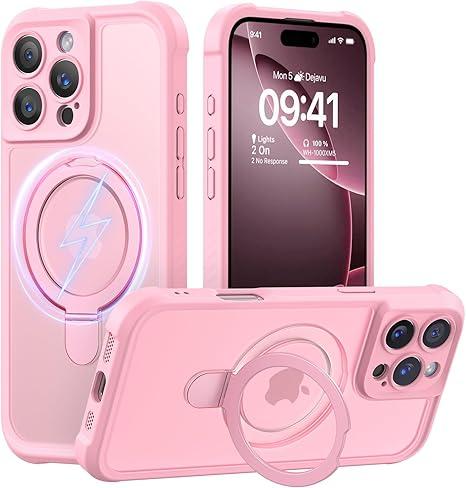 MOCCA Design for iPhone 16 Pro Case with Magnetic Invisible Stand [Full Camera Protection] [Compatible with Magsafe] Military Drop Shockproof Translucent Matte Phone Case Cover 6.3",Pink