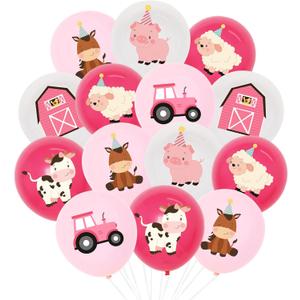 36pcs Pink Farm Animal Balloons Girls, 12 Inch Cow Sheep House Pig Car Donkey Latex Balloons Farm Animal Birthday Party Supplies Pink Farmhouse Baby Shower Decorations for Kids Barnyard Themed Party