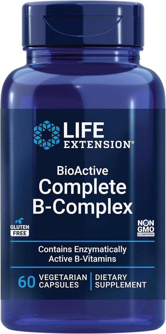 Life Extension BioActive Complete B-Complex, Heart, Brain and Nerve Support, Healthy Energy, Metabolism, Complete B Complex, 60 Vegetarian Capsules, Expiry: 09/2027