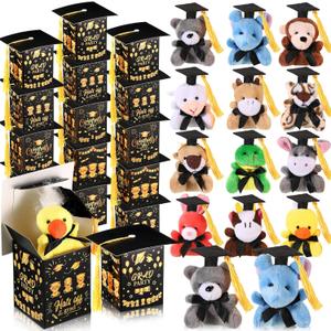 24 Set Mini Graduation Stuffed Animals Bulk with Hat Gift Box Tiny Graduation Plush Small Grad Animals Keychains for 2025 Congrats Grad Exchange Gift Party Favors Supplies