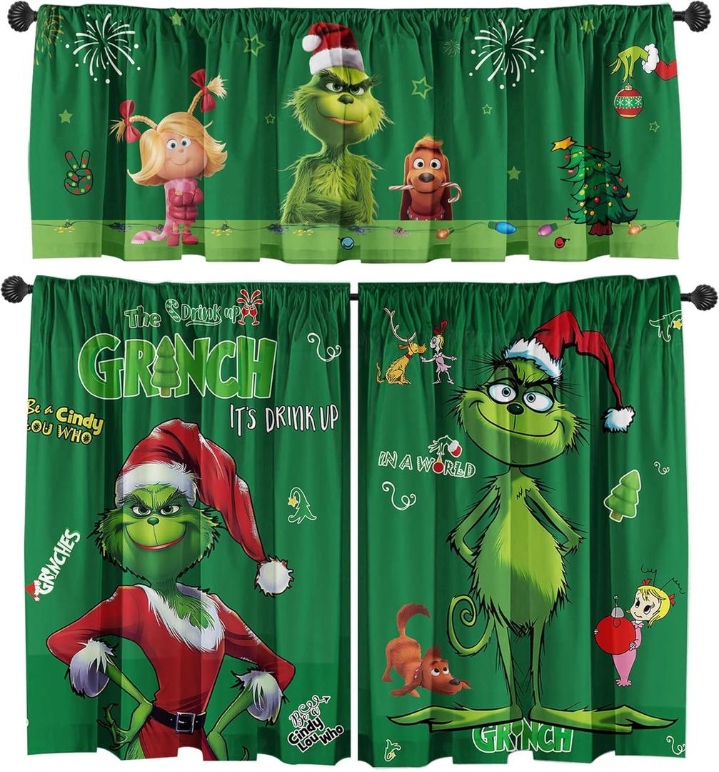 SUNWISHA Christmas Curtain Valance Set - Green Funky Whimsical Holiday Scene with Puppies/Stars/Lights - Playful Kitchen/Bedroom Decor - Upper & Lower Curtains, 52'' L x 18'' W & 36'' L x 26'' W