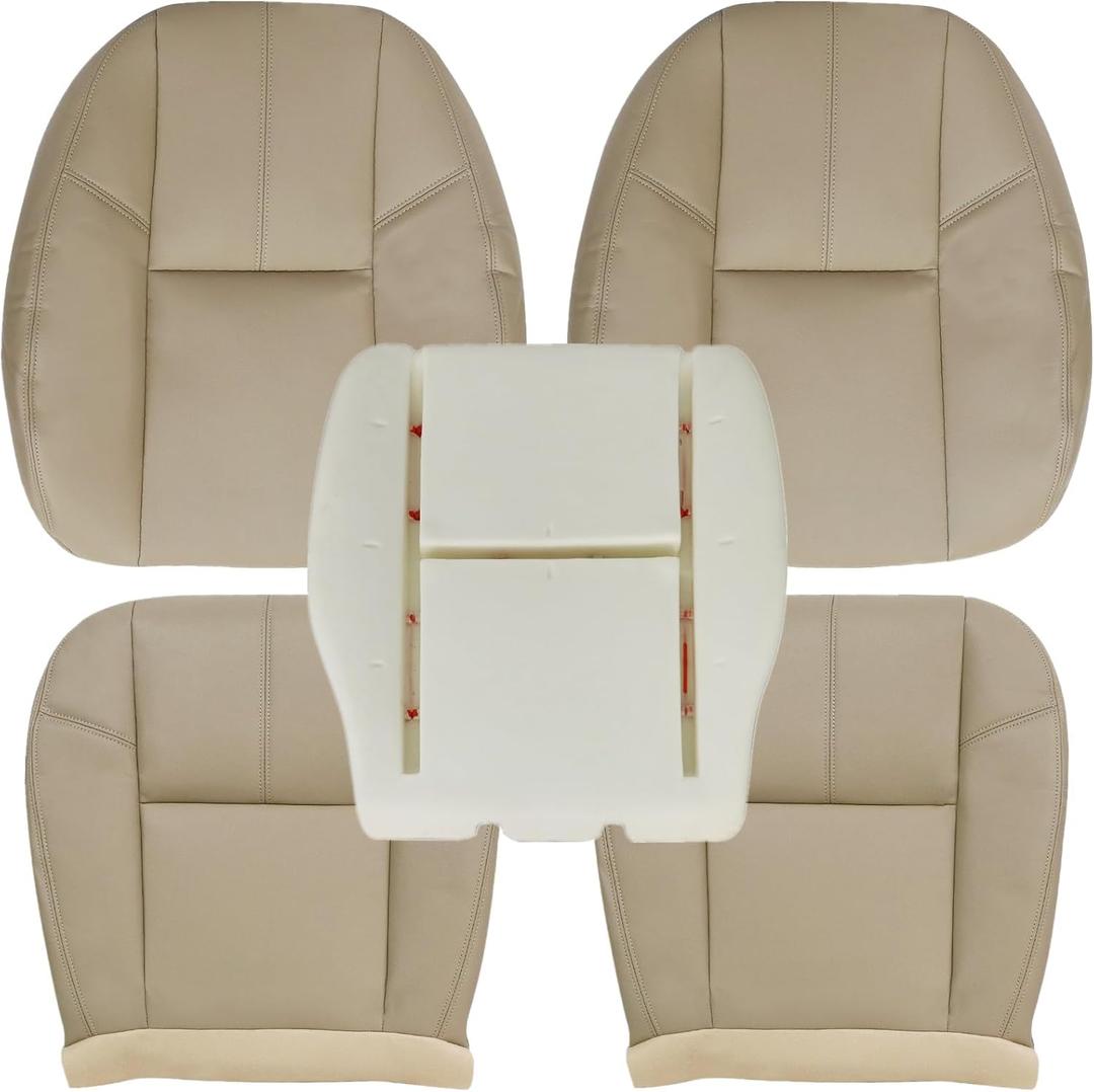NLQR Driver and Passenger Side Bottom and Top Replacement Seat Covers Tan & Driver Bottom Foam Cushion Compatible with Chevy Silverado Tahoe Suburban Avalanche GMC Sierra Yukon 2007-2014