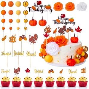 Guiqulai 42 Pcs Fall Cake Decorations Set, Thanksgiving Pumpkin Leaf Cake Toppers with Balls Flowers for Wedding Bridal Shower Birthday Party Decor